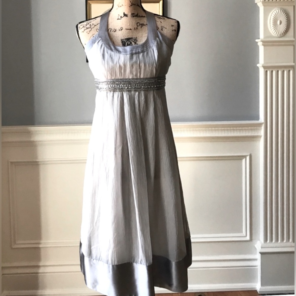 Shoshanna Sleeveless Gauzy Textured Silk Dove Gray Mini Dress Embellished Waist